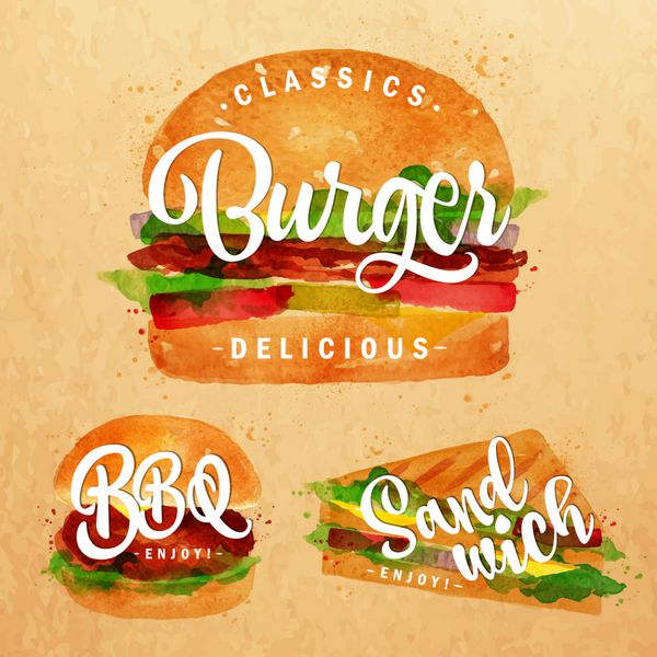 مجموعه طراحی کلاسیک برگر برگر کباب پز و ساندویچ با رنگ رنگی در زمینه کرافت
