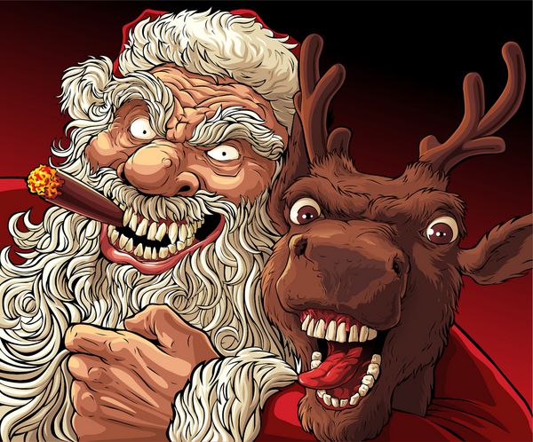 کریسمس جایگزین بابا نوئل و گوزن بابا نوئل با سیگار در آغوش گوزن دیوانه پس از تعطیلات فعال کریسمس