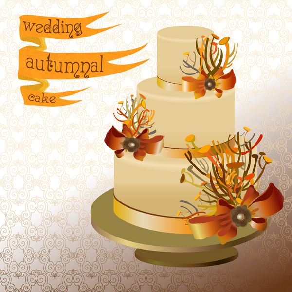 کیک عروسی با شاخه های پاییزی و پاپیون روبان طرح طلایی نارنجی و زرد دسر عروسی زیبا روبان متن دار وکتور