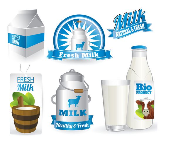 گرافیک شیر طبیعی تازه با تصویر گاو سطل شیر بطری جعبه شیر و لیوان شیر