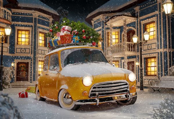 ماشین رترو خنده دار شگفت انگیز با درخت کریسمس و جعبه های هدیه روی پشت بام در شهر زیبا در شب تصویر کریسمس