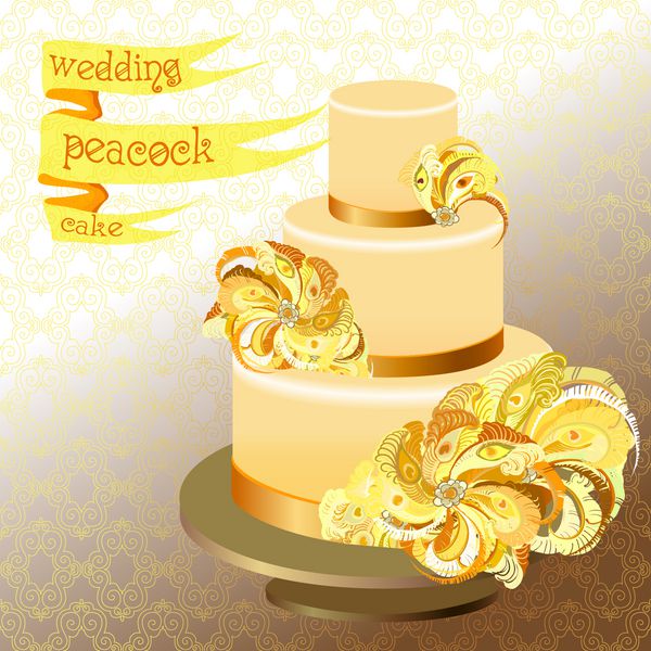 کیک عروسی با پر نخود طرح زرد طلایی دسر عروسی زیبا روبان با متن وکتور
