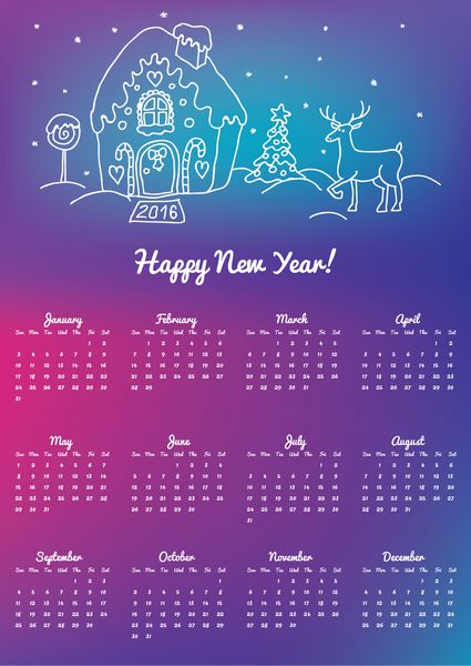 طرح کلی کارتونی زیبای آهو خانه زنجبیل ابله تقویم سال نو مبارک با پس‌زمینه رنگ‌های براق صاف مشبک