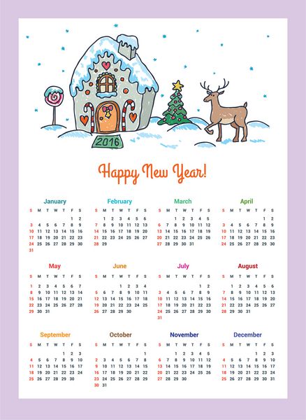 سال نو مبارک 2016 تقویم ابله آهو خانه زنجبیل کارتونی زیبا رنگی