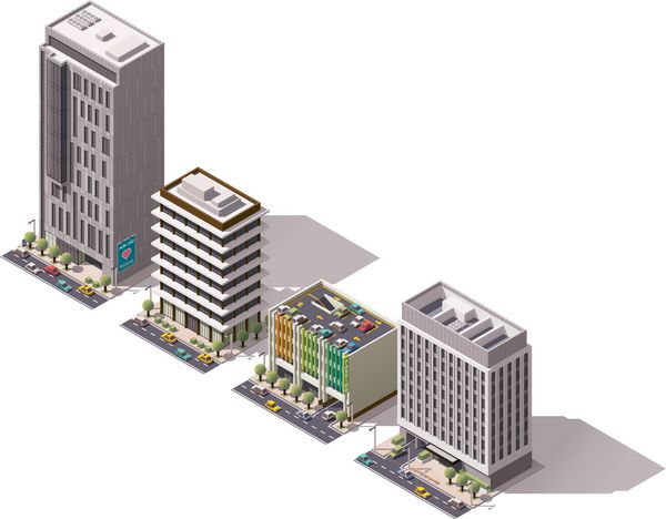 مجموعه نمادهای ایزومتریک وکتور یا عناصر اینفوگرافیک که نمایانگر ساختمان‌های اداری خانه‌ها ادارات و پارکینگ خودروهای کم شهر است