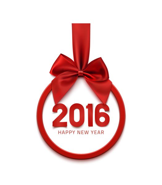 بنر گرد سال نو مبارک 2016 با روبان قرمز و پاپیون جدا شده در زمینه سفید تزئین درخت کریسمس قالب کارت تبریک وکتور