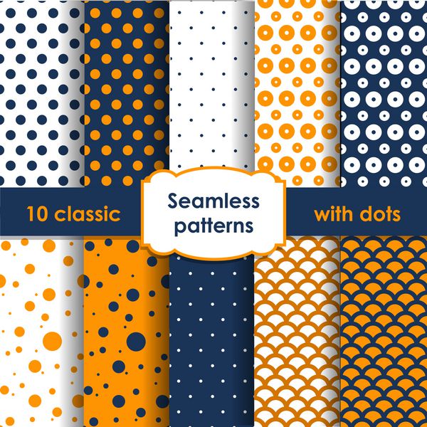 مجموعه ای از الگوهای کلاسیک بدون درز نارنجی و آبی با نقطه