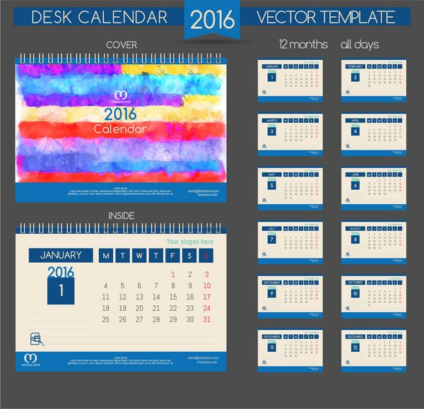 طراحی تقویم رومیزی 2016 قالب های وکتور تمام ماه ها بافت رنگی و گرافیک شیک یک شبکه تقویم مفید طراحی شده برای شرکت های خلاق