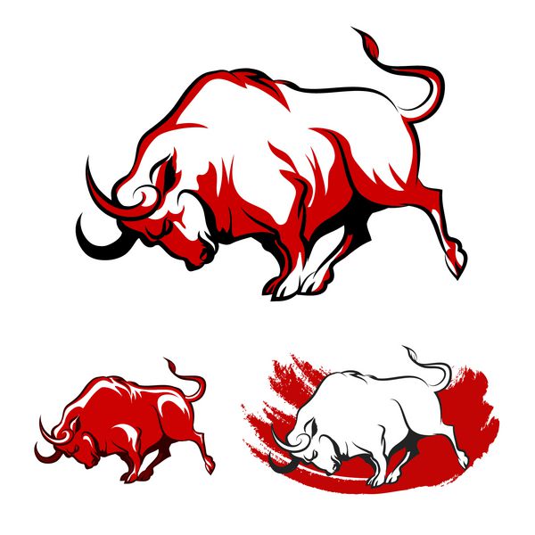 مجموعه نشان گاو مبارزه دویدن گاو خشمگین در سه تغییر جدا شده در زمینه سفید