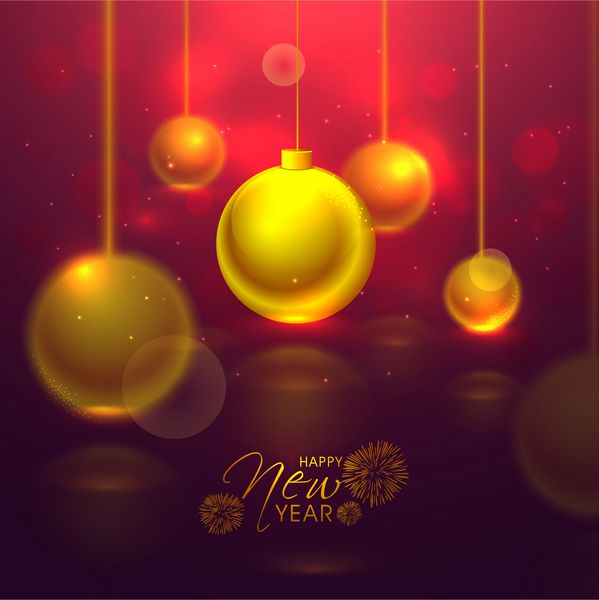 طرح کارت پستال خلاقانه زیبا با توپ های زیبای کریسمس طلایی در پس زمینه براق برای جشن سال نو مبارک
