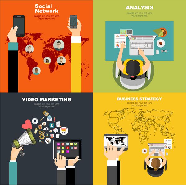 مجموعه ای از مفاهیم تصویرسازی طراحی مسطح برای ویدئو و بازاریابی دیجیتال مفاهیم برای برنامه ریزی و حسابداری کسب و کار تجزیه و تحلیل کار تیمی شبکه اجتماعی