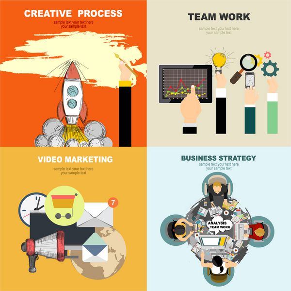 مجموعه ای از مفاهیم تصویرسازی طراحی مسطح برای تجارت امور مالی مشاوره مدیریت منابع انسانی شغل آژانس استخدام آموزش کارکنان پول فناوری راه اندازی خلاقیت