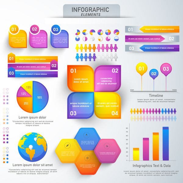 مجموعه بزرگی از عناصر رنگارنگ اینفوگرافیک تجاری با نمودارهای آماری برای گزارش های حرفه ای و ارائه داده های مالی شما