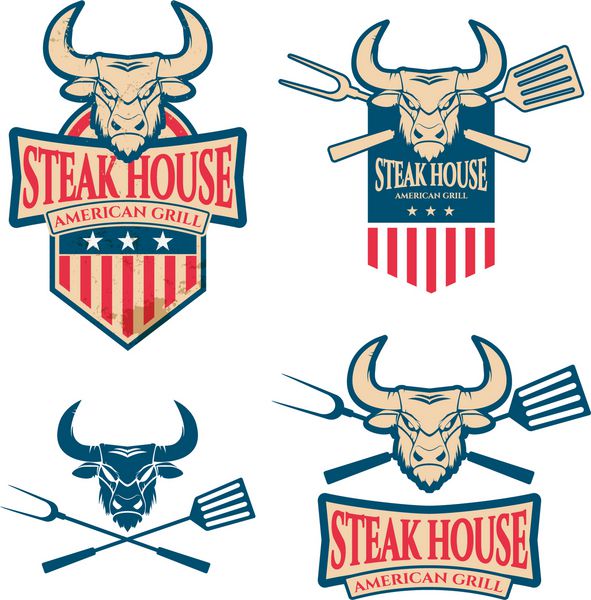 مجموعه ای از الگوی طراحی برچسب رستوران استیک در رنگ های ملی آمریکایی برچسب سبک استیک‌خانه با سر گاو