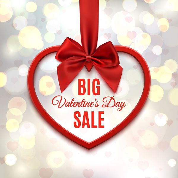 فروش روز بزرگ قالب پوستر قلب قرمز با روبان قرمز و پاپیون در پس زمینه انتزاعی با قلب و دایره های بوکه وکتور