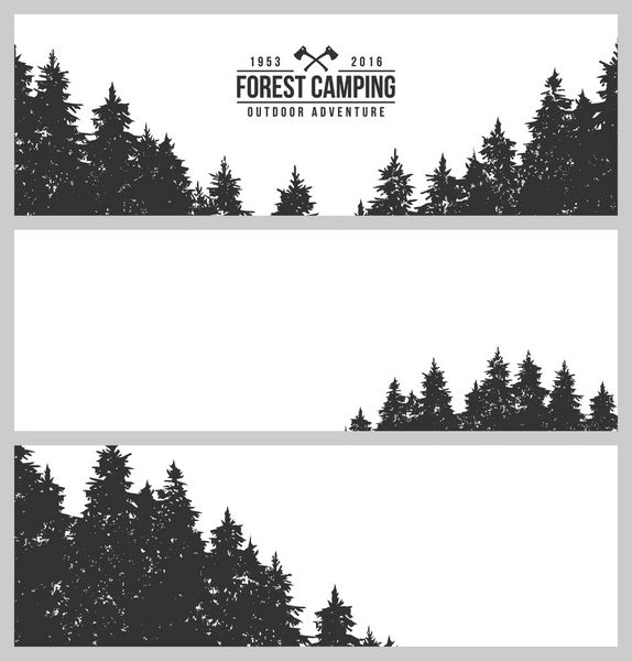 مجموعه ای از سه بنر افقی شبح یک جنگل کاج لوگو - کمپینگ در جنگل