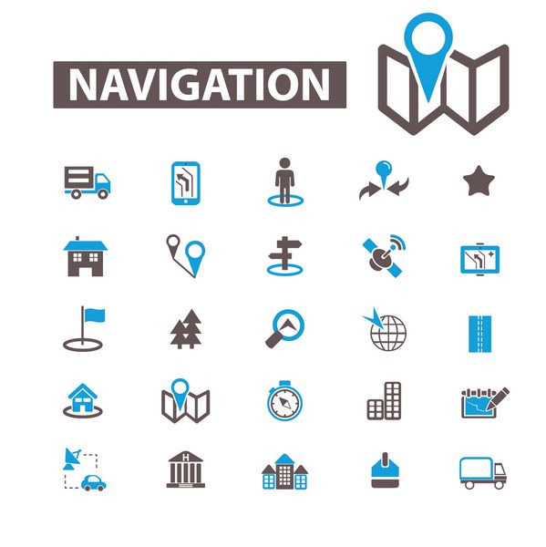 ناوبری مسیر نقشه نمادهای ناوبر مجموعه مفهوم بردار نشانه ها برای اینفوگرافیک تلفن همراه وب سایت برنامه