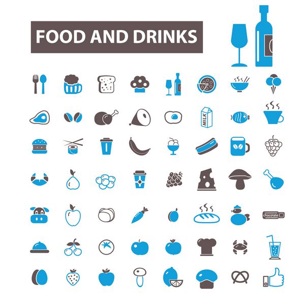 غذا نوشیدنی نمادهای خواربارفروشی علائم مفهومی بردار برای اینفوگرافیک تلفن همراه وب سایت برنامه