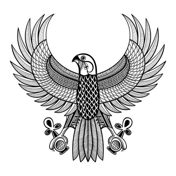 شاهین هوروس مصری با دست طراحی شده است پرنده را طرحدار به سبک زنتاگل نماد حکمت آتنا برای تیشرت صفحات رنگ آمیزی بزرگسالان وکتور مصر باستان از ankh