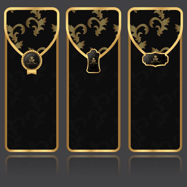 مجموعه ای از سه پاکت دعوت نامه شیک عمودی vip با عناصر و نمادهای گل طلایی بردار
