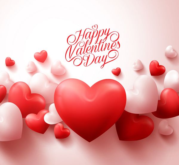 3D واقع گرایانه قرمز و سفید عاشقانه قلبهای ولنتاین پس زمینه شناور با تبریک روز ولنتاین مبارک تصویر برداری