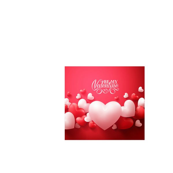 3D واقع گرایانه قرمز و سفید عاشقانه قلبهای ولنتاین پس زمینه شناور با تبریک روز ولنتاین مبارک تصویر برداری