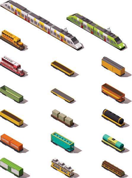 مجموعه آیکون های ایزومتریک وکتور یا عناصر اینفوگرافیک نشان دهنده انواع مختلف قطارهای راه آهن باری و واگن ها