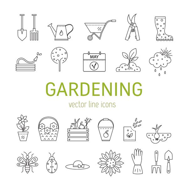 مجموعه آیکون های خط بردار ساخته شده در سبک مدرن مینیمالیستی گل و باغبانی ابزار و مواد برای کار در باغ