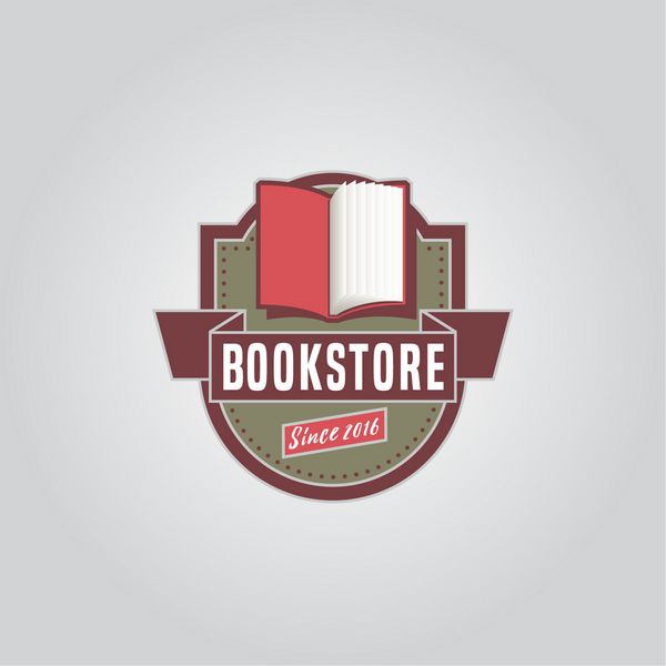 آرم وکتور کتابفروشی کتابفروشی یا کتابخانه نماد نماد نشان الگوی علامت به سبک قدیمی عنصر طراحی گرافیکی با کتاب باز و سپر