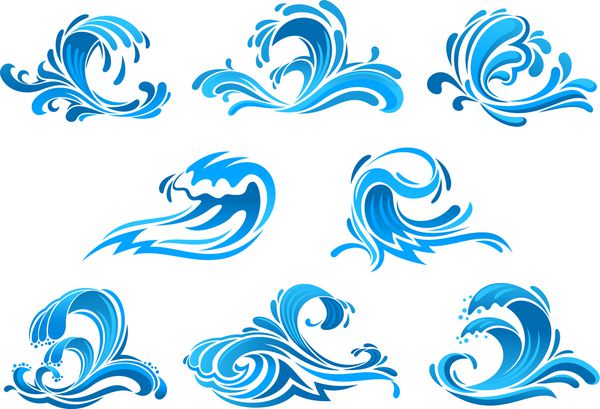 نمادهای امواج دریا و اقیانوس با چرخش های آبی آبی موج سواری پاشیدن آب و قطرات جاری تنظیم شده است به عنوان نماد طبیعت نماد بوم شناسی تعطیلات تابستانی یا طراحی سفر استفاده کنید
