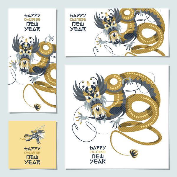 سال نو چینی مبارک مجموعه ای از کارت های تبریک با اژدهای سنتی وکتور