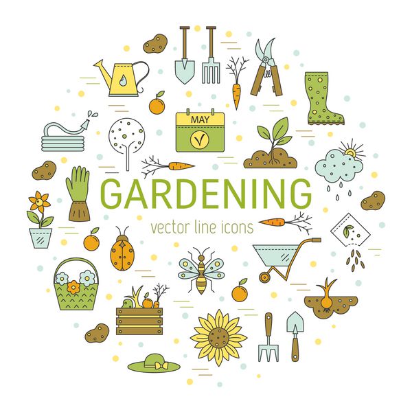 مجموعه آیکون های خط بردار ساخته شده در سبک مدرن مینیمالیستی گل و باغبانی ابزار و مواد برای کار در باغ