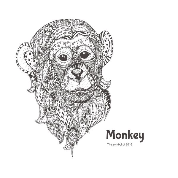 میمون با دست طراحی شده با الگوی ابله گل های قومی صفحه رنگ آمیزی - زندالا طراحی برای آرامش روح برای بزرگسالان تصاویر وکتور جدا شده در پس زمینه سفید zendoodles