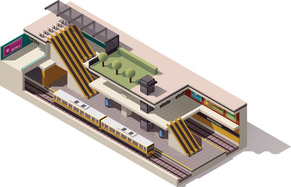 عنصر یا نماد اینفوگرافیک ایزومتریک وکتور نشان دهنده مقطع کم پلی از خیابان با ایستگاه مترو شهری زیرزمینی قطار مترو پله برقی سکو قابل مشاهده است