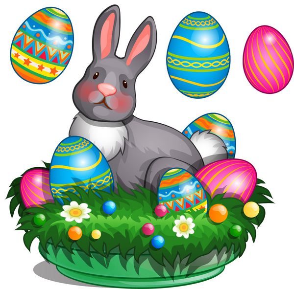 تخم مرغ عید پاک در یک کاسه سبز و یک خرگوش قالب کارت پستال پوستر طرح دعوت به مهمانی وکتور