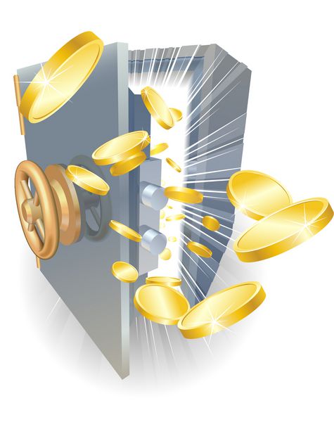 تصویر یک گاوصندوق با سکه های طلا در حال پرواز