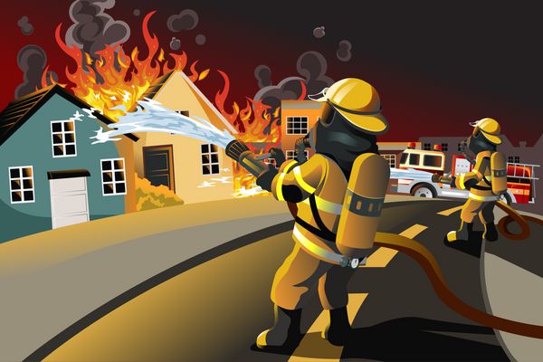 وکتور از تلاش آتش نشانان برای خاموش کردن خانه های در حال سوختن