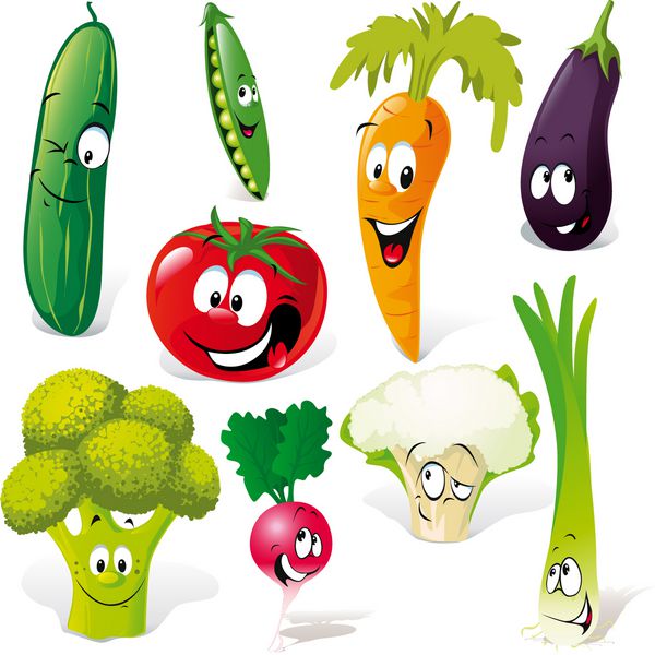 کارتون سبزیجات خنده دار جدا شده در پس زمینه سفید