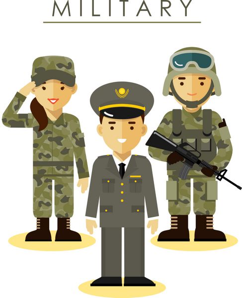 مرد و زن سرباز با لباس های مختلف نظامی