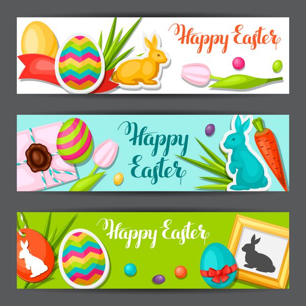بنرهای عید پاک با اشیاء تزئینی تخم مرغ برچسب خرگوش مفهوم را می توان برای دعوت نامه ها و پوسترهای تعطیلات استفاده کرد