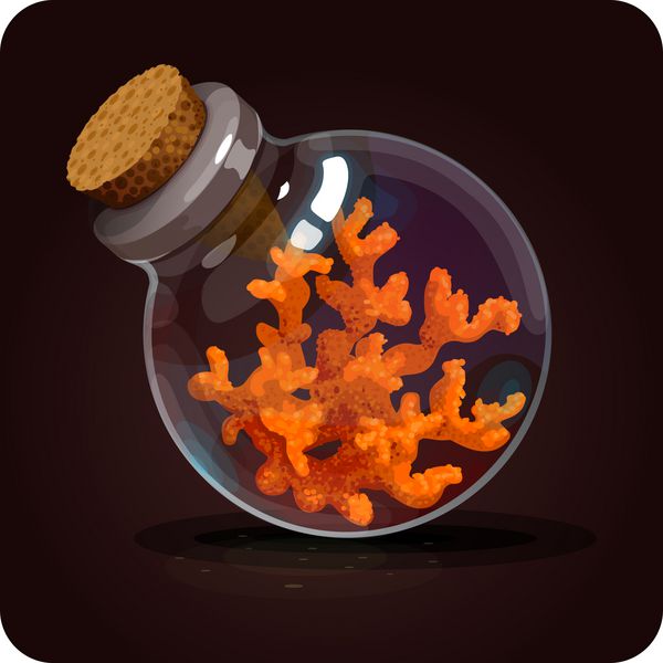 بطری با مرجان های نارنجی نماد بازی اکسیر جادویی طراحی وکتور برای رابط کاربری برنامه