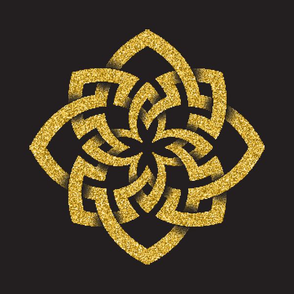 الگوی لوگوی پر زرق و برق طلایی به سبک گره های سلتیک در پس زمینه مشکی نماد هشت ضلعی زیور آلات طلا برای طراحی جواهرات