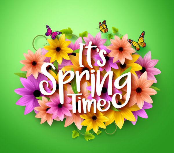 طراحی پوستر زمان بهار در پس زمینه وکتور رنگارنگ سه بعدی واقع گرایانه با انگور برای فصل بهار تصویر برداری
