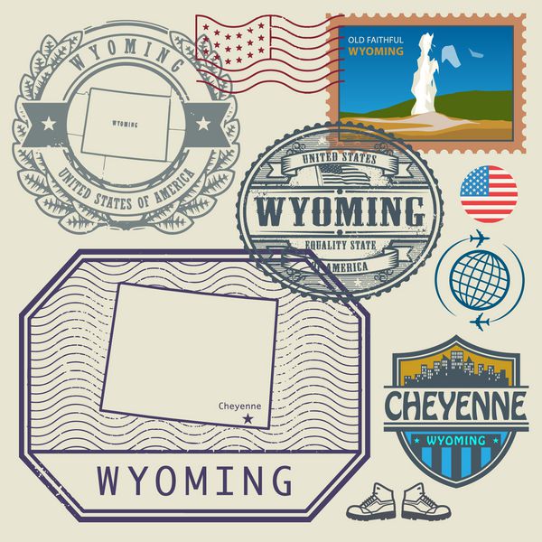 مجموعه تمبر با نام و نقشه وایومینگ ایالات متحده