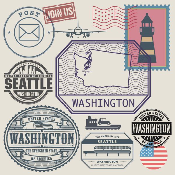 مجموعه تمبر با نام و نقشه واشنگتن ایالات متحده