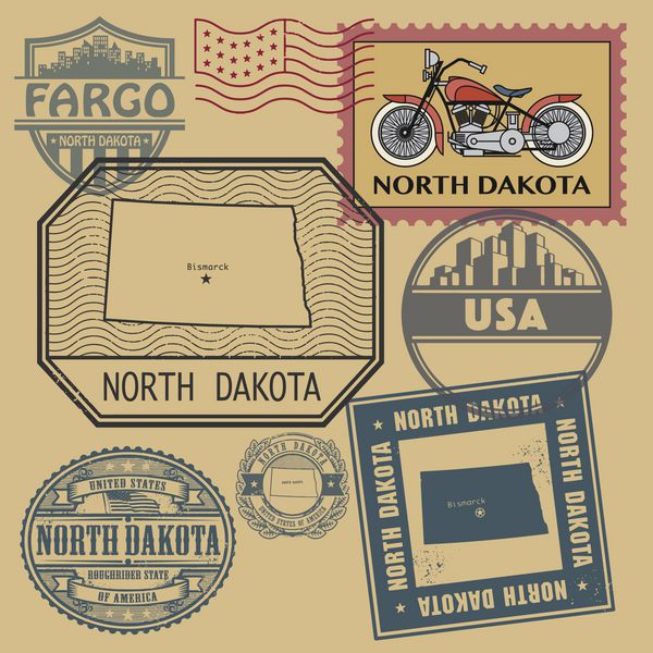 تمبر با نام و نقشه داکوتای شمالی ایالات متحده