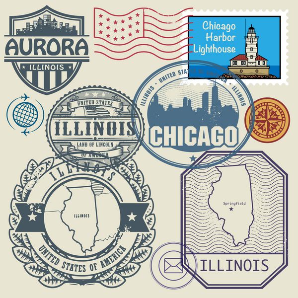 مجموعه تمبر با نام و نقشه ایلینوی ایالات متحده
