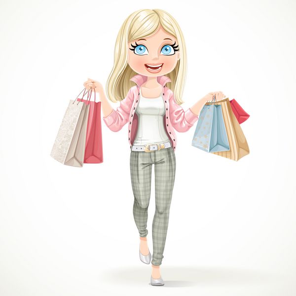 دختر ناز عاشق خرید با کیسه های کاغذی در دست جدا می شود