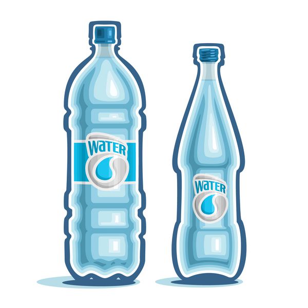 وکتور با موضوع لوگوی بطری آب متشکل از یک بطری پلاستیکی بسته آب آشامیدنی و یک بطری شیشه ای با آب معدنی خالص در پس زمینه سفید