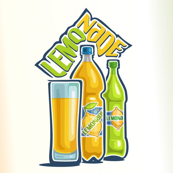 وکتور با موضوع لوگوی لیموناد متشکل از یک فنجان شیشه ای پر از لیموناد بطری پلاستیکی زرد و یک بطری شیشه ای سبز